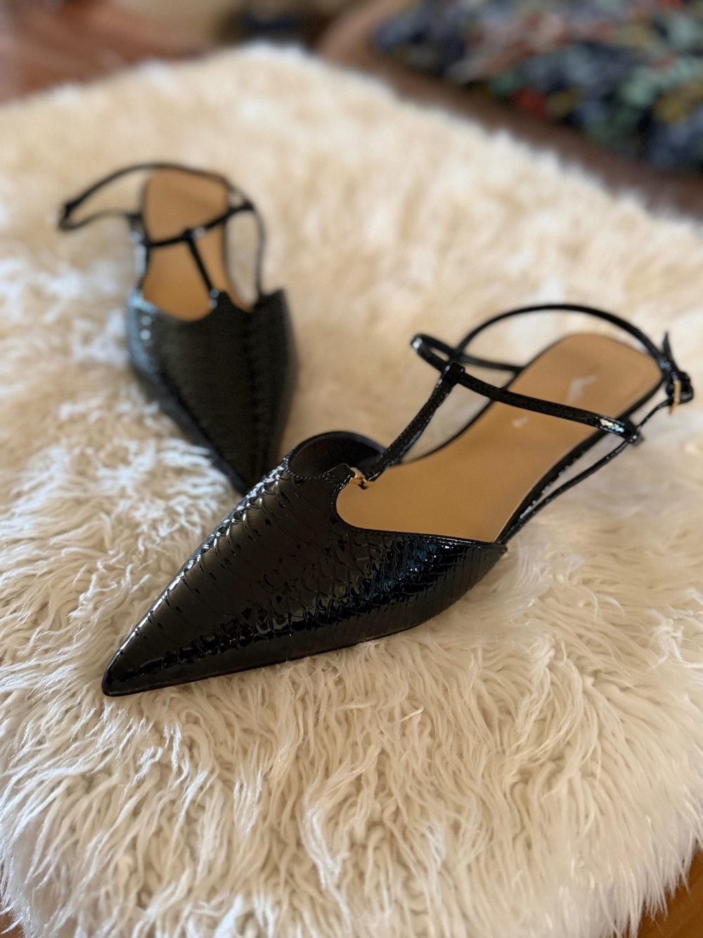 Ann Taylor Pointed T-Strap Slingback heel pumps Black Croc Patent